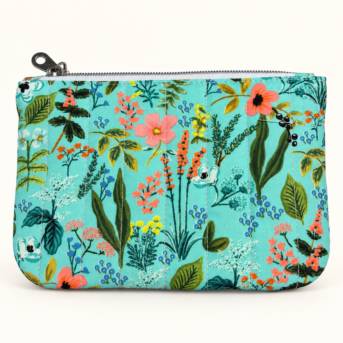Aqua Blossom - Quilted Zipper Pouch medium